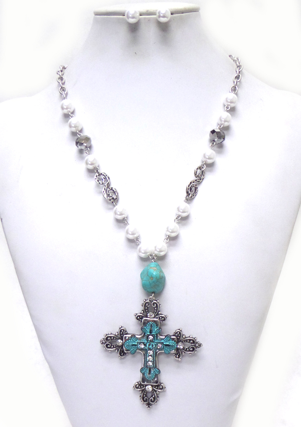 Rosary style beads with metal cross necklace set 
