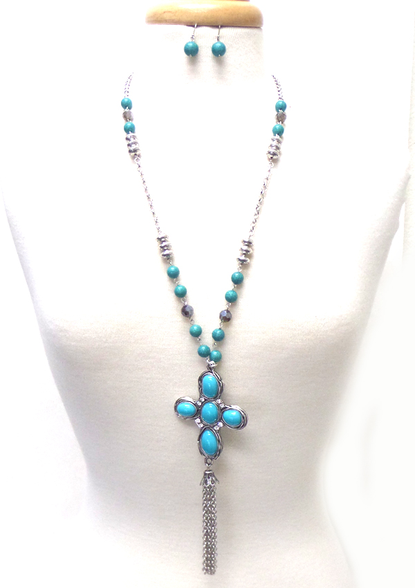 Rosary style beads tassel dropp  with metal cross necklace set