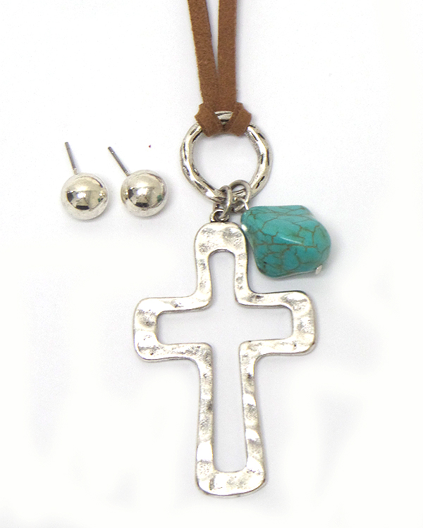 Cross with turquoise stone drop suede necklace set 