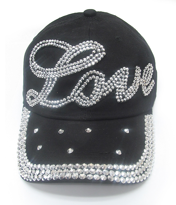 Rhinestone black denim baseball cap - love
