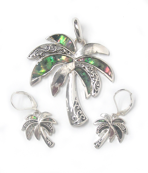 Metal filigree and abalone palm tree pendant set