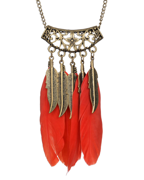 Metal filigree and multi feather drop necklace