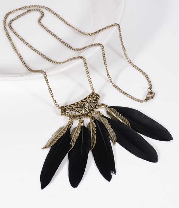 Metal filigree and multi feather drop necklace