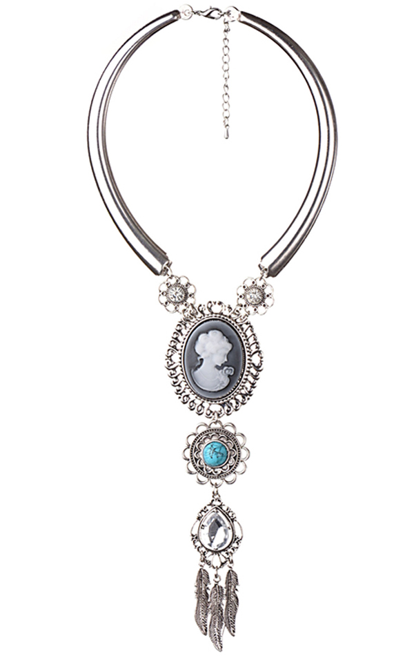 Retro vintage cameo and feather drop chocker necklace