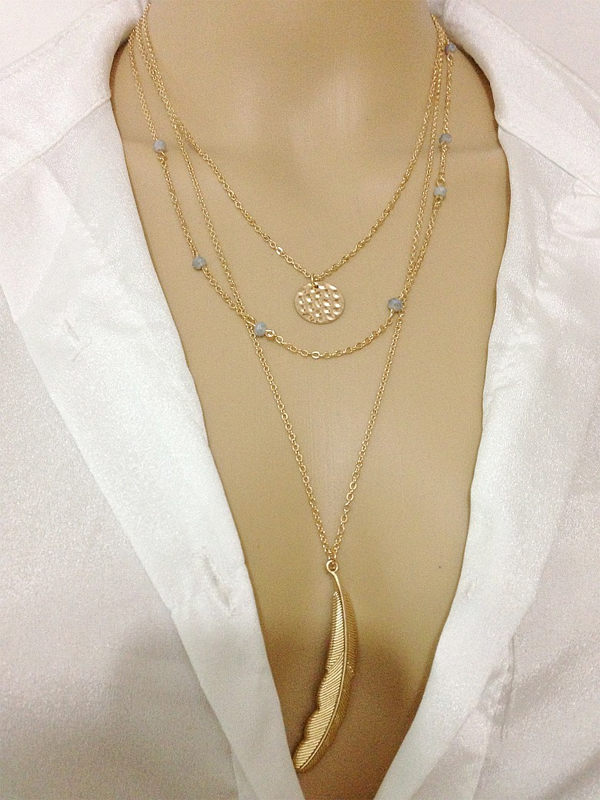 Triple layer feather pendant necklace