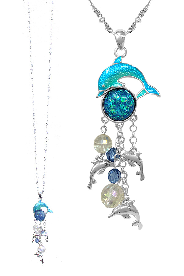 SEALIFE THEME MULTI CHARM DROP PENDANT NECKLACE - DOLPHIN