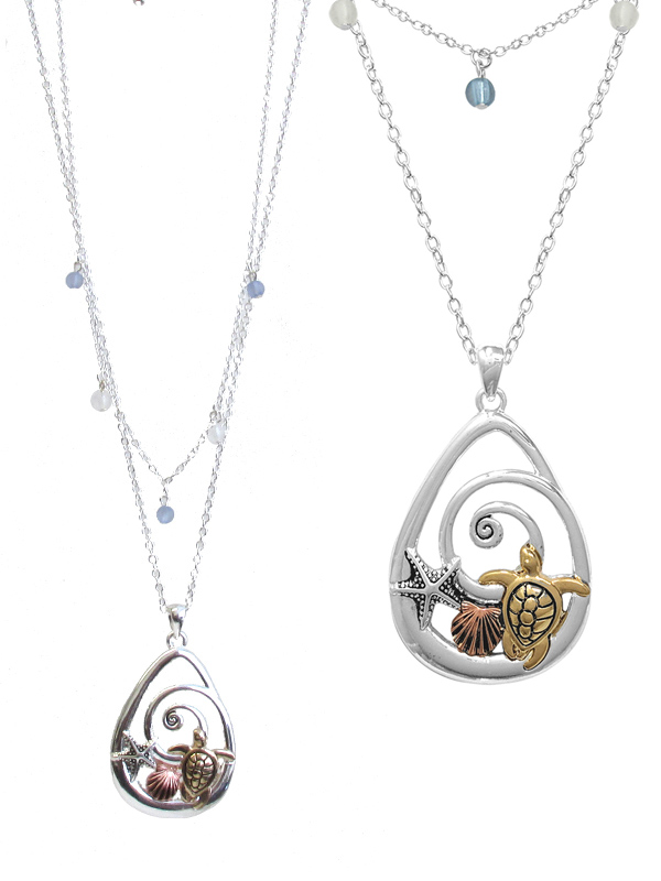 Sealife theme teardrop pendant double layer necklace - turtle