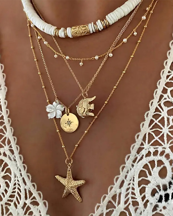 Mix pendant multi layer necklace - starfish elephant flower