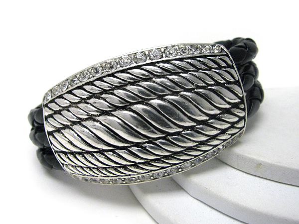 Crystal edge deco large metal rope style and synthtic leather chain magnet clip bracelet