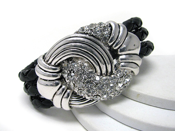 Crystal stud metal knot and sythetic leather chain magnet clip bracelet
