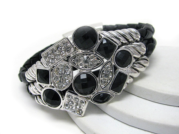 Crystal filled multi figure mix and synthetic leather magnet clip bracelet