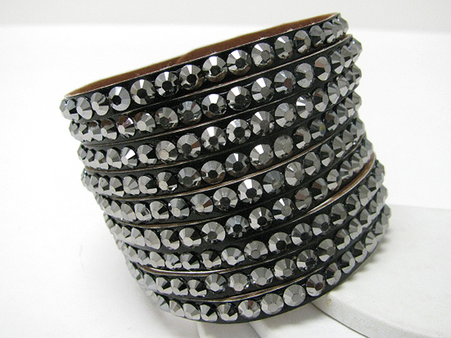Multi row crystal stud leather wrist band