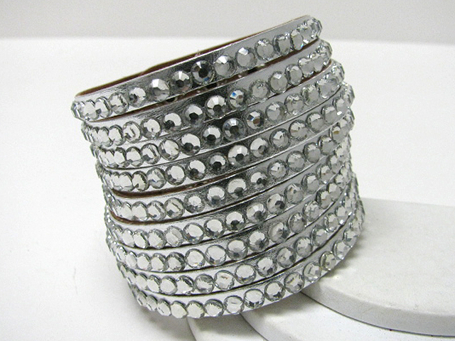 Multi row crystal stud leather wrist band