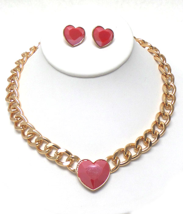 Acrylic heart and thick chain necklace earring set -valentine