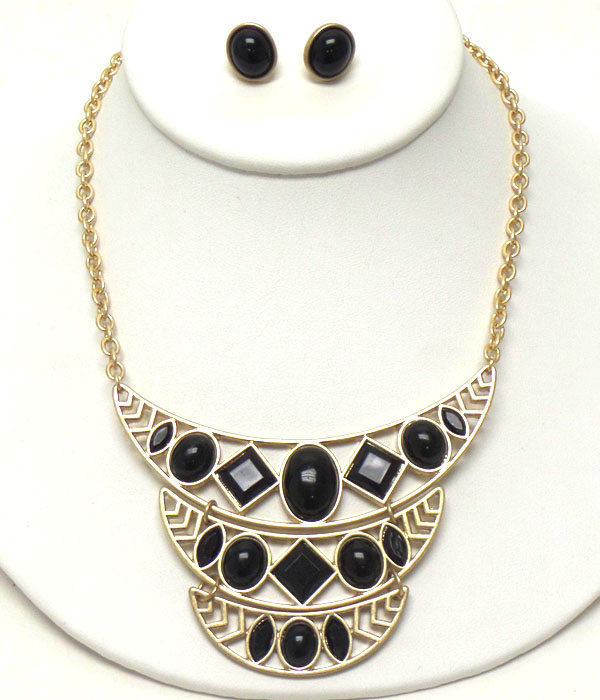 Tribal look acryl accent triple layer mini bib necklace earring set