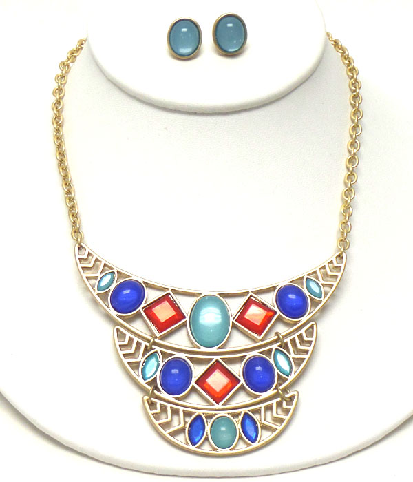 Tribal look acryl accent triple layer mini bib necklace earring set