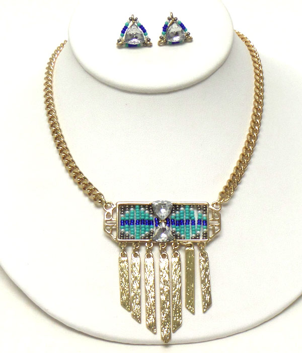 Seed bead and textured metal bar drop and chain necklace earring set