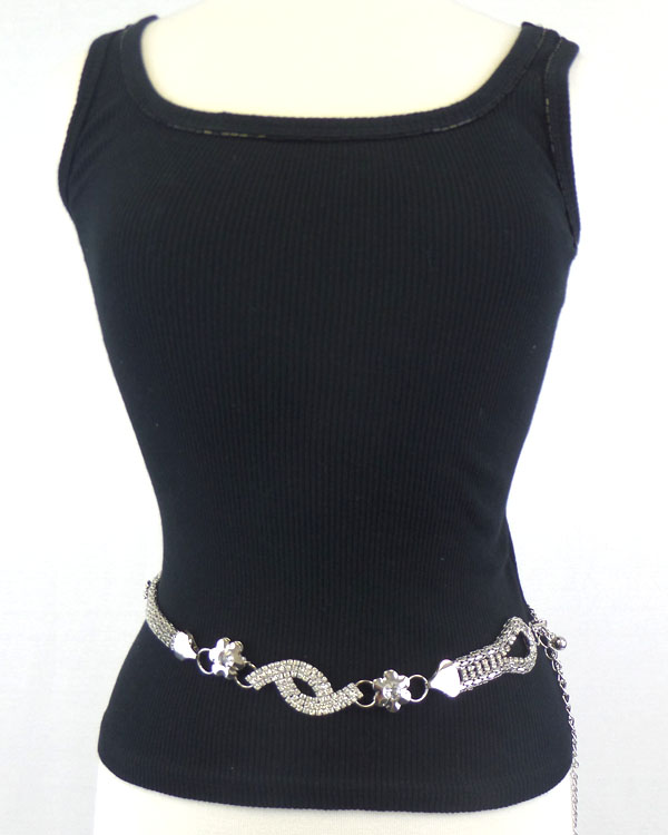 Crystal deco buckle and metal mesh chain band belt