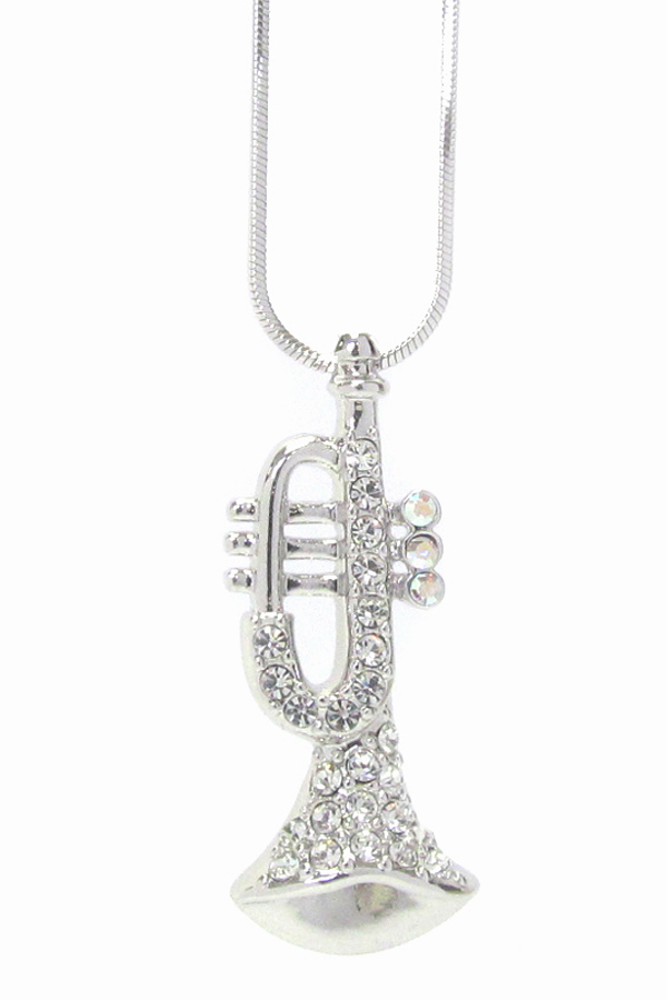 WHITEGOLD PLATING CRYSTAL TRUMPET PENDANT NECKLACE