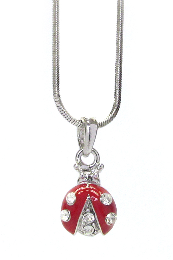 WHITEGOLD PLATING CRYSTAL LADYBUG PENDANT NECKLACE