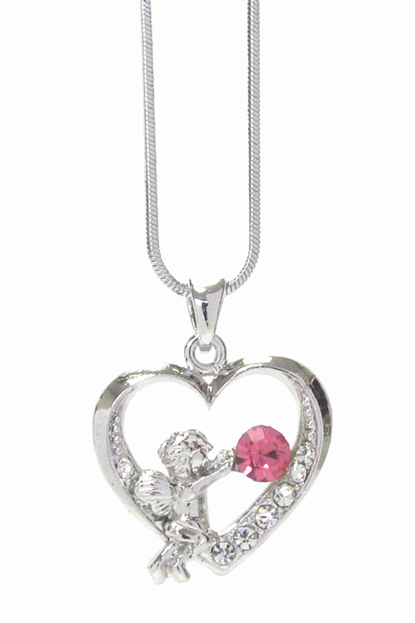 WHITEGOLD PLATING CRYSTAL ANGEL HEART PENDANT NECKLACE