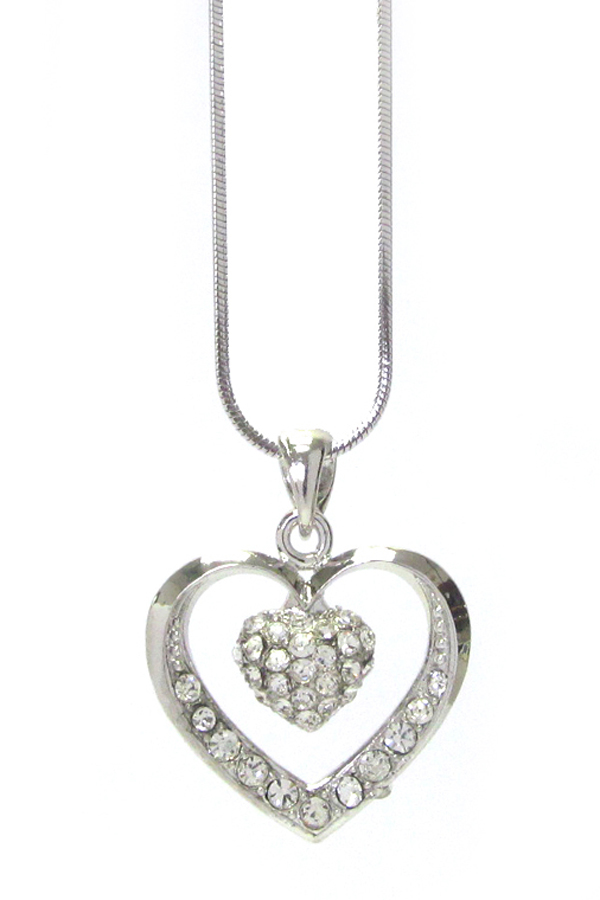 WHITEGOLD PLATING CRYSTAL DOUBLE HEART PENDANT NECKLACE -valentine