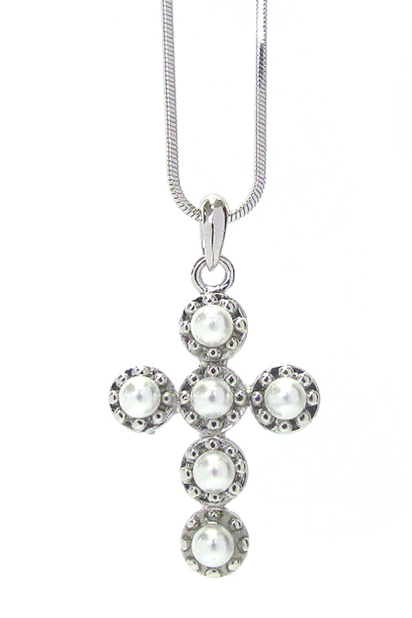 WHITEGOLD PLATING CRYSTAL PEARL CROSS PENDANT NECKLACE
