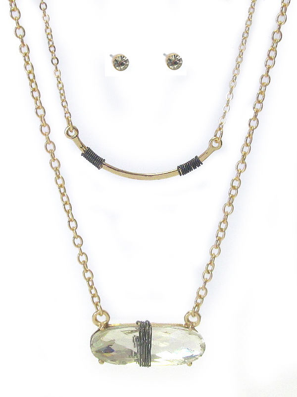 Wire wrap facet glass and crescent pendant double layer necklace set
