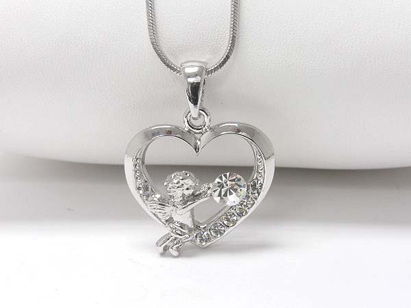 Made in korea whitegold plating crystal stud angel in heart pendant necklace