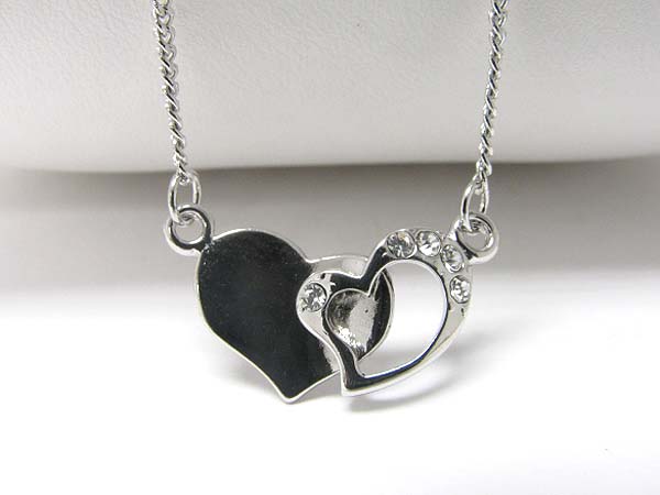 Made in korea whitegold plating crystal stud dual heart link necklace