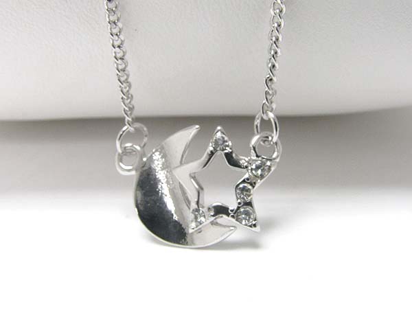 Made in korea whitegold plating crystal stud moon and star link necklace