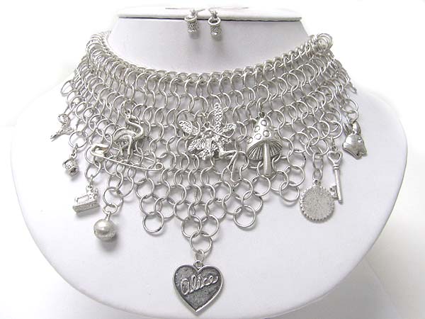 Alice in wonderland theme charm dangle metal mesh necklace earring set