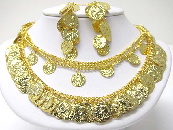 Multi metal coin disk dangle necklace earring set