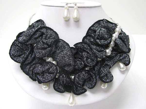 Pearl beads and fabric mesh deco necklace earring set