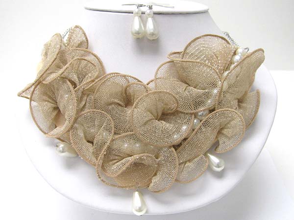 Pearl beads and fabric mesh deco necklace earring set