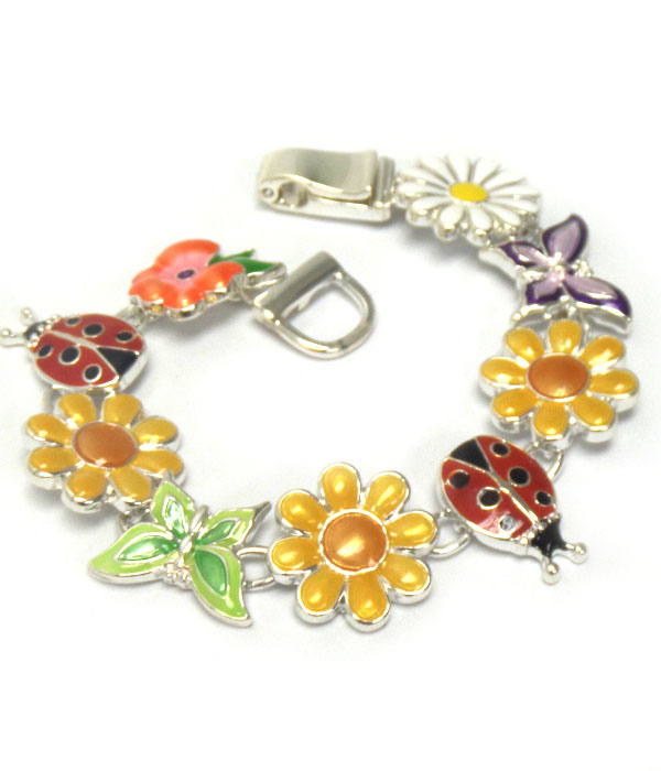 Garden theme epoxy ladybug and flower magnetic bracelet