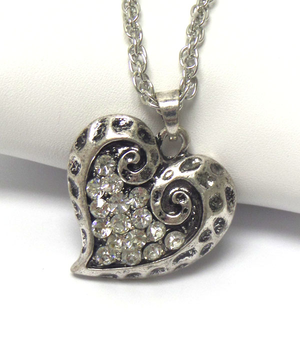 Crystal and metal filigree heart pendant necklace