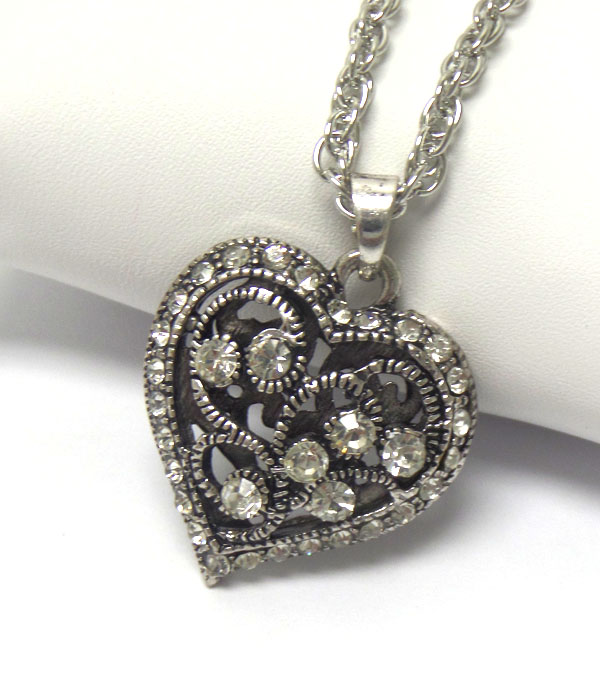 Crystal and metal filigree heart pendant necklace
