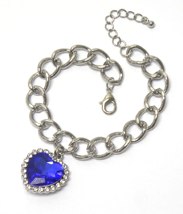 Crystal and facet heart charm chain bracelet