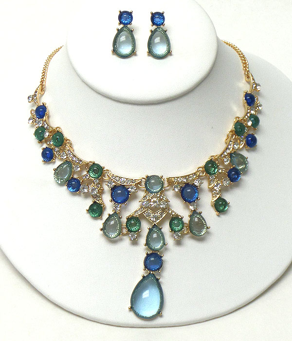 Crystal and puffy teardrop stone mix necklace earring set