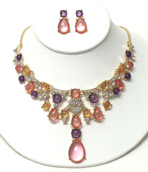Crystal and puffy teardrop stone mix necklace earring set