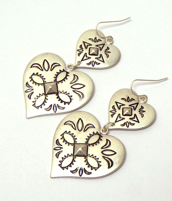 Metal filigree double heart drop earring