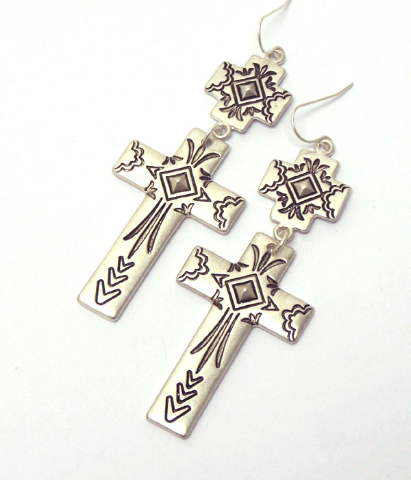 Metal filigree double cross drop earring