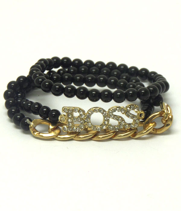 Crystal boss and thick chain accent stretch bracelet set of 3