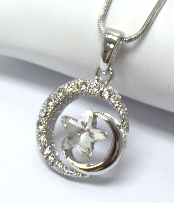 Made in korea whitegold plating crystal and facet star stone center moon pendant necklace