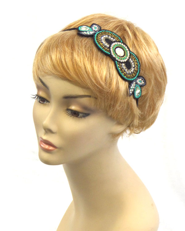 Handmade multi crystal and seed beads on fabric disk link stretch headband