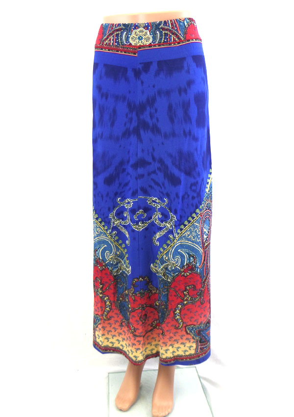 Folkloric pattern elastic bohemian maxi skirt - 92% polyester 8% spandex