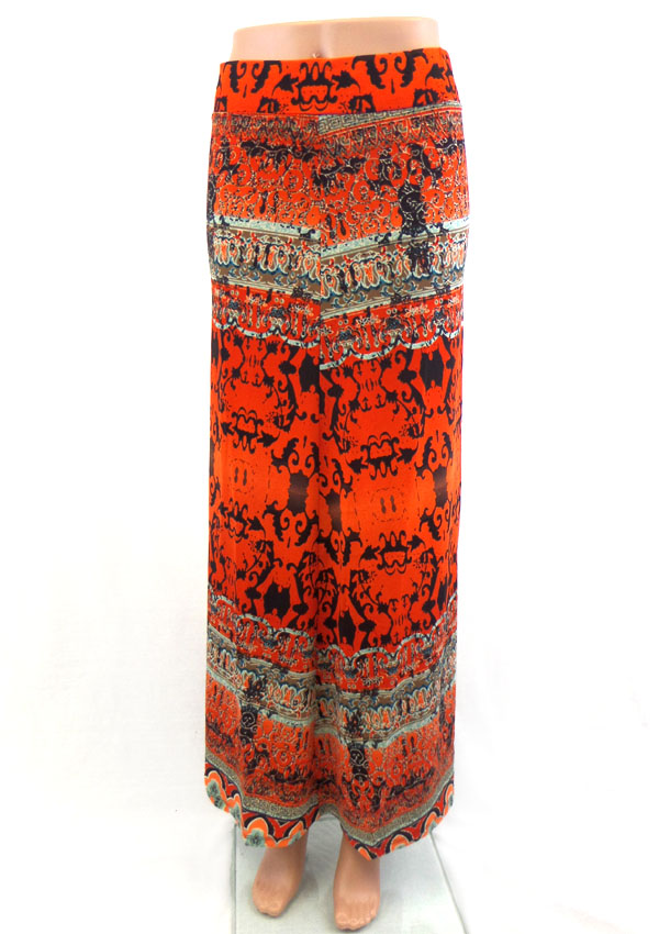 Folkloric pattern elastic bohemian maxi skirt - 92% polyester 8% spandex