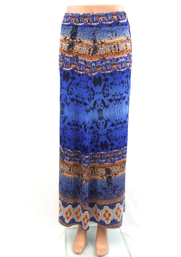 Folkloric pattern elastic bohemian maxi skirt - 92% polyester 8% spandex