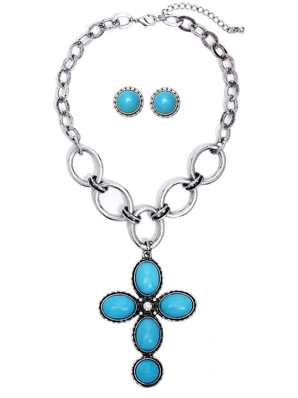 Round chunky link and cabochon cross necklace set